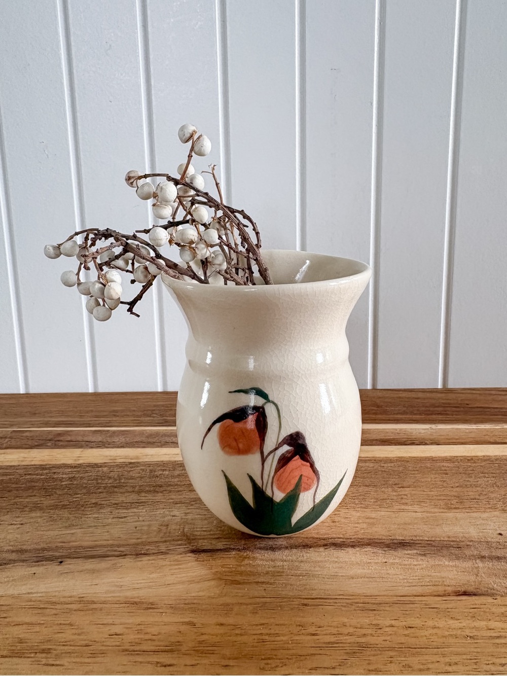 PEI Handmade Pottery Wall Vase Cream Floral Ceramic 4.15”